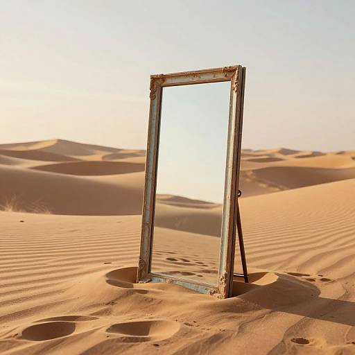 Photograph of a weathered, empty mirror frame standing in a sunlit, sandy desert with gentle dune shadows and clear sky.