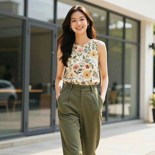 Photograph of a smiling Asian woman with long black hair, wearing a floral sleeveless top and olive green high-waisted pants, standing in front