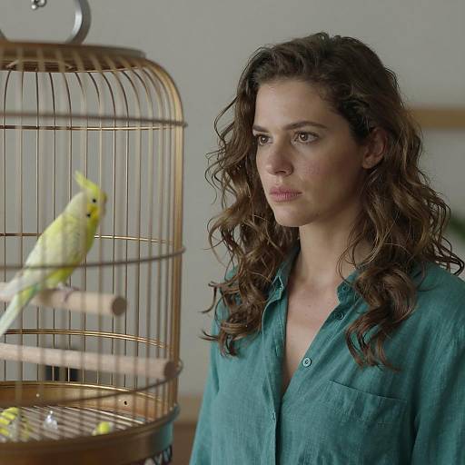 Serious Woman by a Birdcage