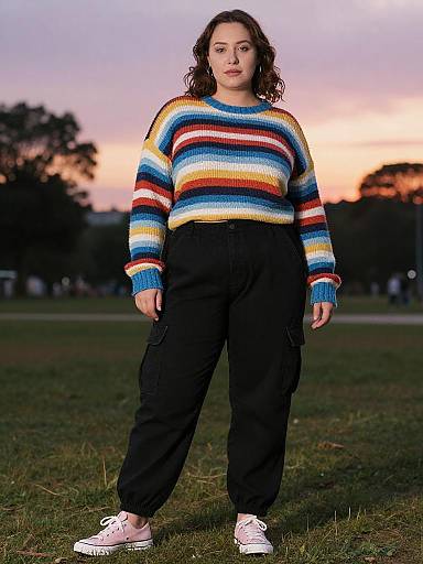 Photograph of a curvy woman with curly brown hair, wearing a colorful striped sweater, black pants, and white sneakers, standing in a grassy