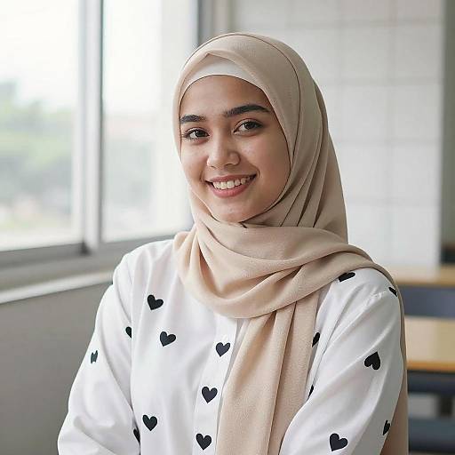 Smiling Woman in Beige Hijab Indoors