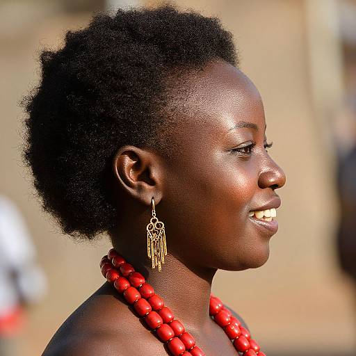 Photograph of a smiling Black woman with short, curly hair, wearing red beaded necklace and dangling gold earrings, in profile.