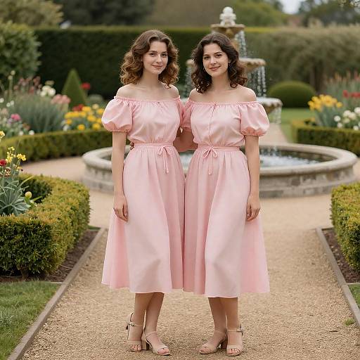 Two Women in Vintage Pink Dresses in Garden