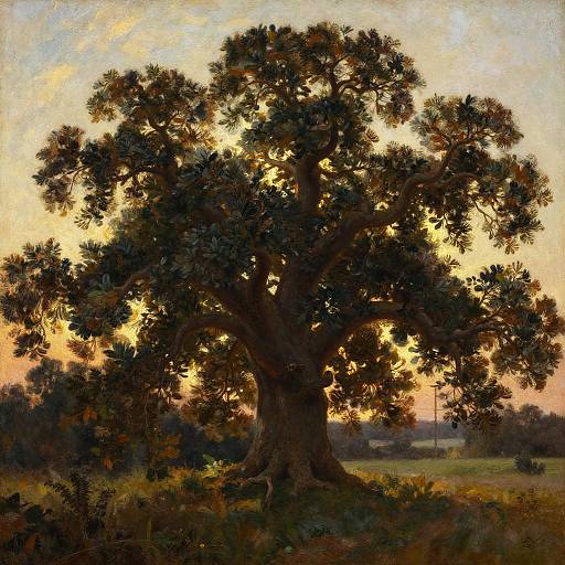 Oil painting of a large, leafy tree silhouetted against a warm, yellow-orange sunset sky, with a distant field and trees.
