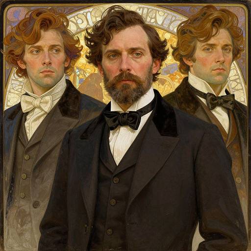 Digital painting of a bearded man with dark hair, black suit, and bow tie, flanked by two younger versions of himself with curly red hair