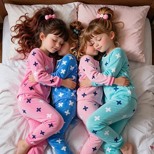 Photograph of two young girls with brown hair, sleeping closely on a white bed, wearing pink and blue pajamas with stars, hugging each other
