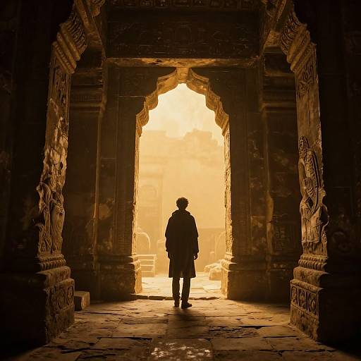 Photograph of a silhouetted figure standing in a glowing, ornately carved stone archway, bathed in warm, golden sunlight.