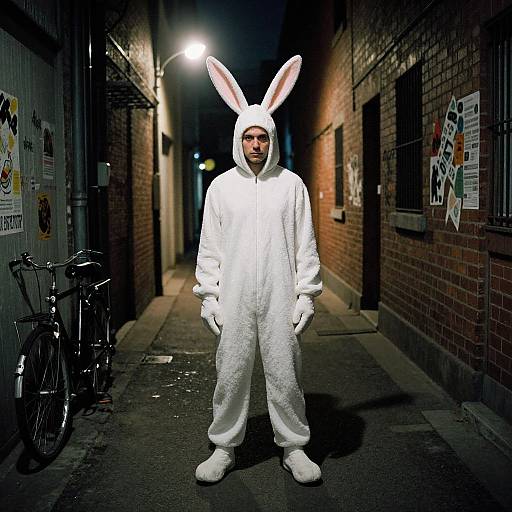 Photograph of a man in a white bunny costume with ears, standing in a dimly lit, narrow alley at night. Urban setting with graffiti,