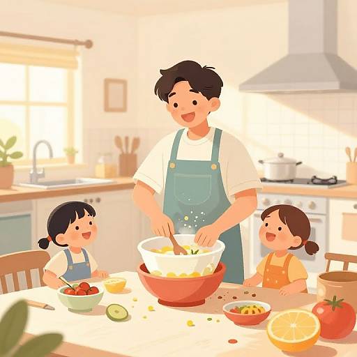 Cheerful Family Cooking in Morning Light