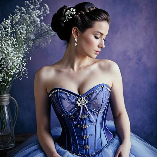 Elegant Woman in Blue Corset with Floral Hair
