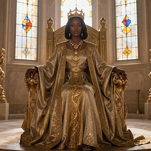 Photograph of a regal Black woman with a gold crown and ornate gold gown, seated on an elaborate throne in a sunlit, stained-g