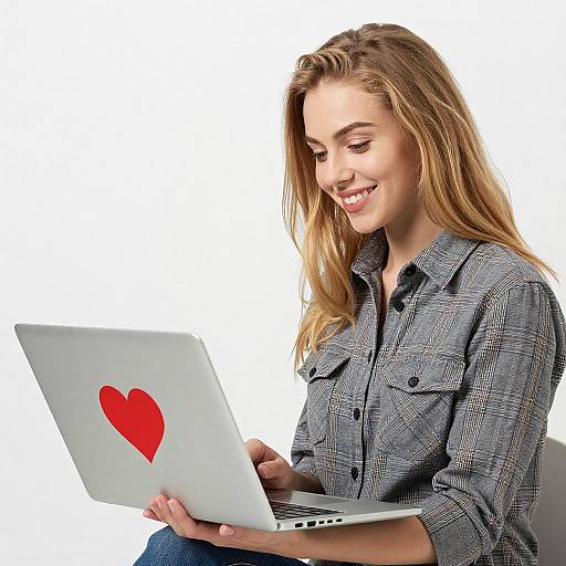 Smiling Woman with Laptop and Heart Icon