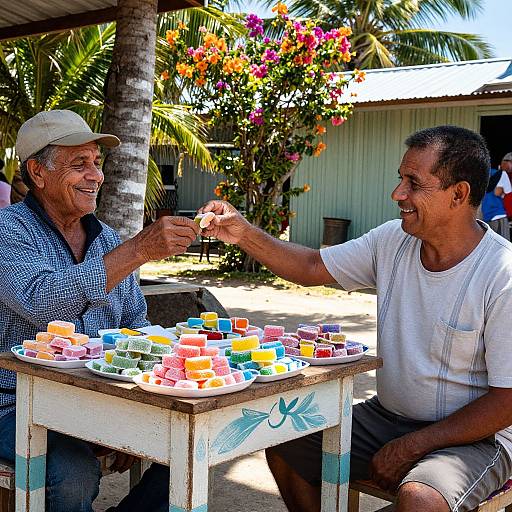 Photograph of two smiling elderly men playing a colorful dice game outside, under a palm tree, with vibrant flowers in the background.