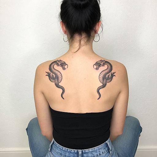 Photograph of a woman with black hair in a bun, facing away, showing two black dragon tattoos on her upper back, wearing a black strapless