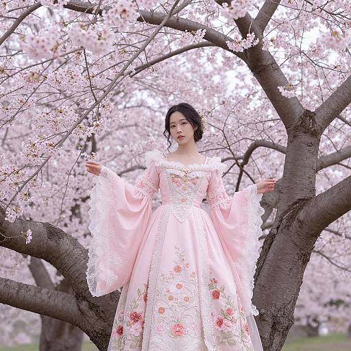 Photograph of an Asian woman with fair skin and black hair, wearing a pastel pink, floral-embroidered, long-sleeved dress