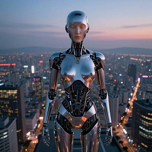 Photograph of a futuristic, metallic female robot with glowing orange eyes, standing on a rooftop at dusk, overlooking a cityscape with illuminated buildings and a