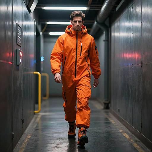 Cyberpunk Man in Neon Corridor