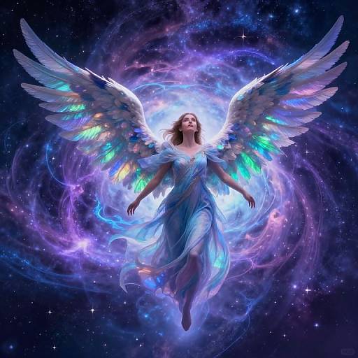Digital artwork of a celestial angel with glowing, multicolored wings and flowing blue gown, floating in a cosmic, starry background.
