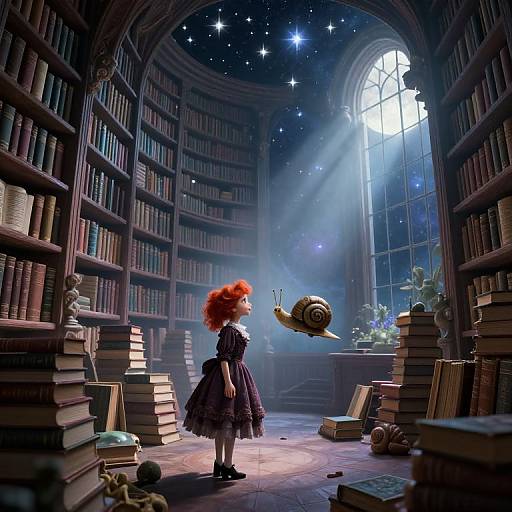 Digital art of a red-haired girl in a black dress and hat, standing in a starry, moonlit library with floating books.