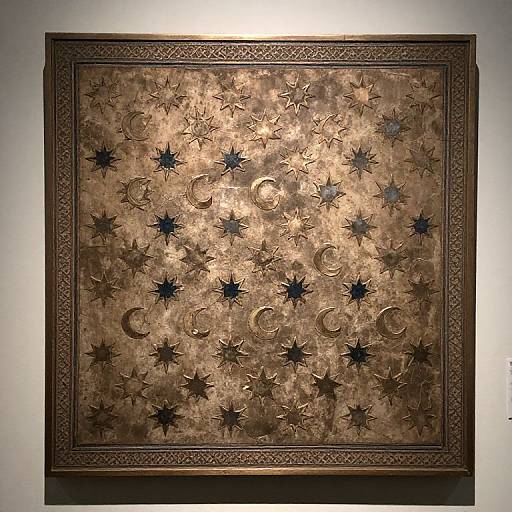 Photograph of a textured, golden ceiling with raised black suns, moons, and stars, framed in intricate dark wood against a plain white wall.