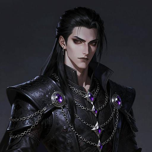 Digital artwork of a pale, dark-haired male character with intense expression, wearing black, ornate armor adorned with purple gemstones and chains, against a