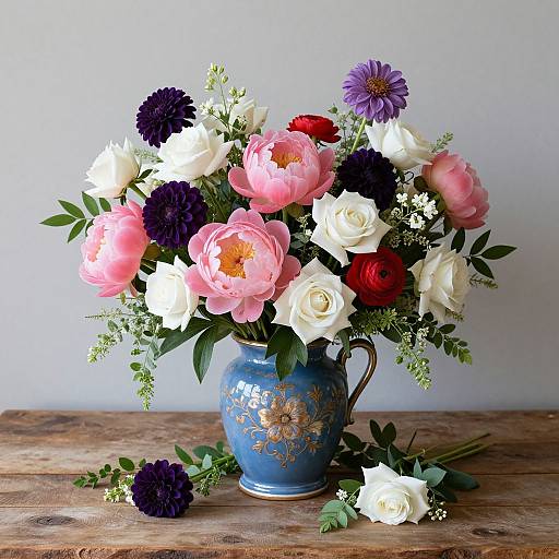 Photograph of a blue floral vase with pink, white, red, and purple flowers, and dark purple dahlias, on a rustic wooden table.