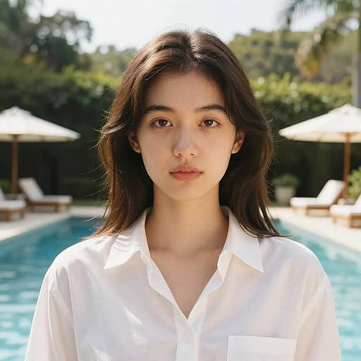 Photograph of a young woman with fair skin, long dark brown hair, and brown eyes, wearing a white button-up shirt, standing by a sun