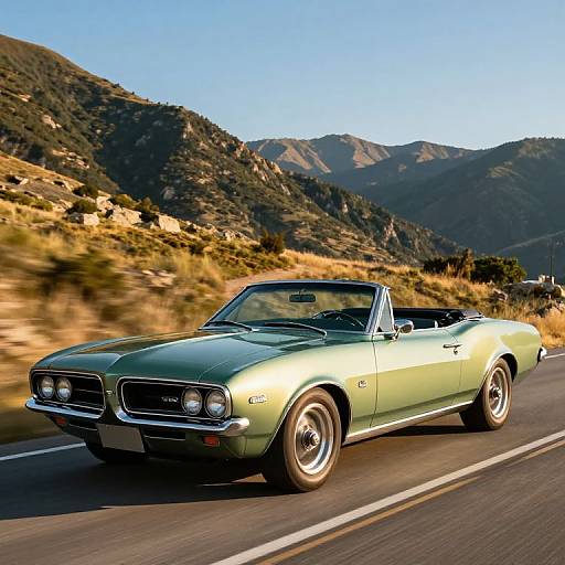 Photograph of a sleek, mint-green 1967 Ford Mustang convertible speeding down a mountain road, surrounded by lush green hills and clear blue sky.