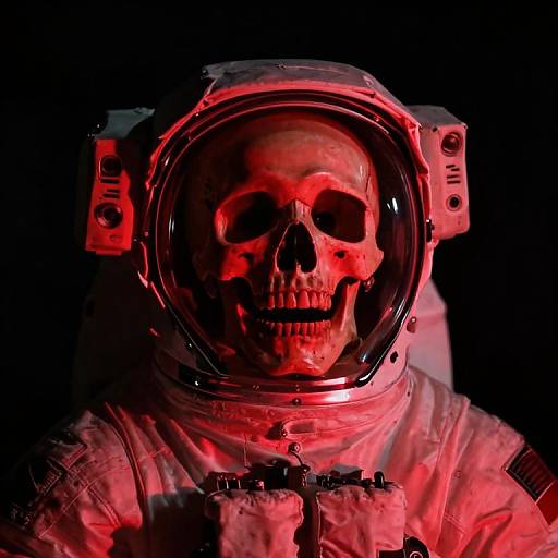 Photograph of a red-lit, skeletal human skull wearing a full NASA-style space suit with a clear helmet, against a black background.