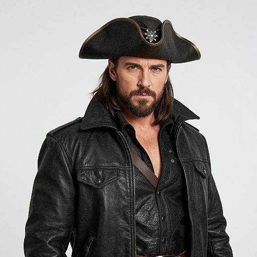 Photograph of a rugged, bearded man with long brown hair, wearing a black tricorn hat and leather jacket, against a white background. Pirate