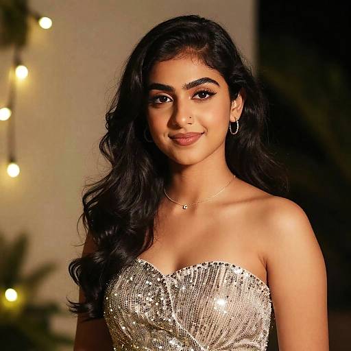 Photograph of a young South Asian woman with long, wavy black hair, wearing a sparkling, strapless sequin dress, smiling subtly, with