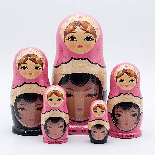 Photograph of six colorful, hand-painted wooden dolls with pink headscarves, featuring large eyes and smiling faces, arranged in a family group.