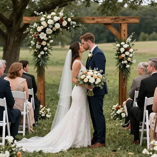 Photograph of a bride and groom kissing under a wooden arch adorned with white and green flowers, surrounded by seated guests.