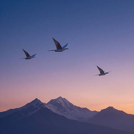 Photograph of three silhouetted birds flying against a gradient sky from purple to orange, with snow-capped mountains in the background.
