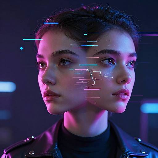 Digital portrait of a young woman with short dark hair, glowing blue and pink cybernetic lines across her face, wearing a black leather jacket, against