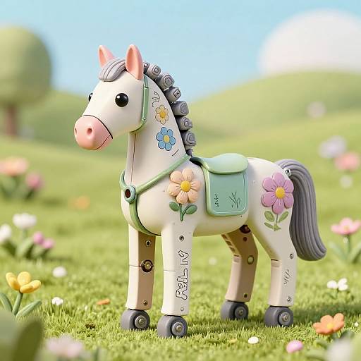 Photograph of a colorful, cartoon-style wooden toy horse with floral decorations, green saddle, and black wheels, standing in a sunny meadow with blo