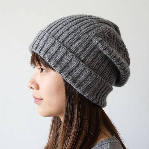 Photograph of an Asian woman with long brown hair, wearing a gray, ribbed knit beanie, in a profile view against a white background.