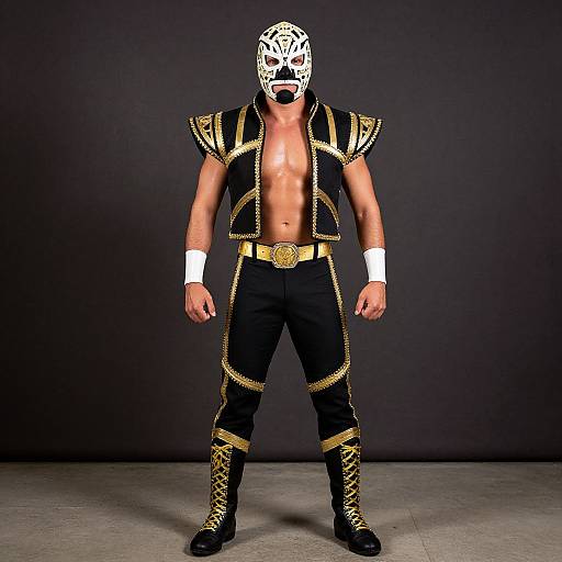 Photograph of a muscular male wrestler in black and gold attire, white mask with tiger pattern, standing against dark background.