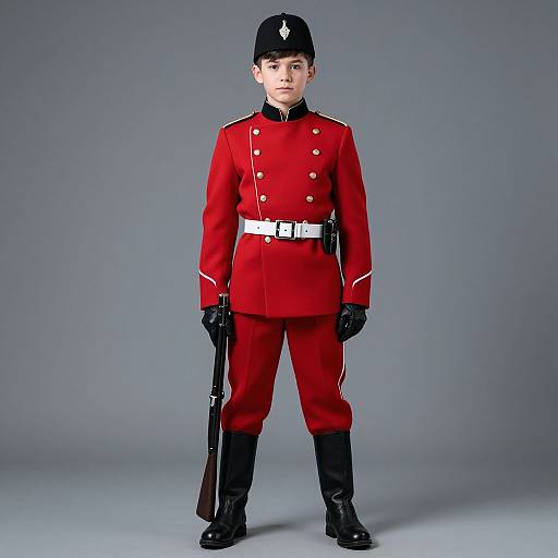 Photograph of a young boy in a red military uniform with black gloves, boots, and hat, holding a rifle, against a gray background.