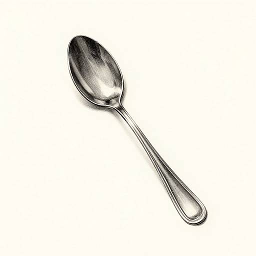 Photograph of a shiny, silver, metal spoon with a rounded bowl and a slightly curved handle, set against a white background.