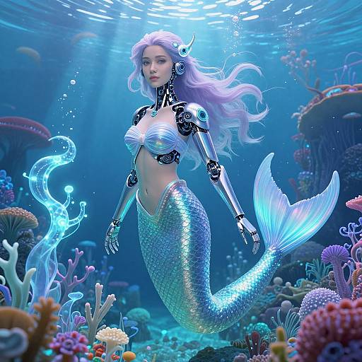 Digital artwork of a futuristic mermaid with glowing blue tail, white hair, and cybernetic arms, floating in a vibrant, underwater coral reef.