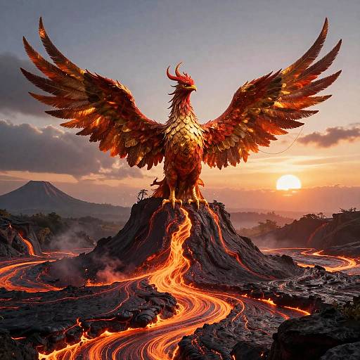 Digital artwork of a fiery phoenix with outstretched wings, standing on a lava-spewing volcanic peak at sunset, with a mountain and clouds in the