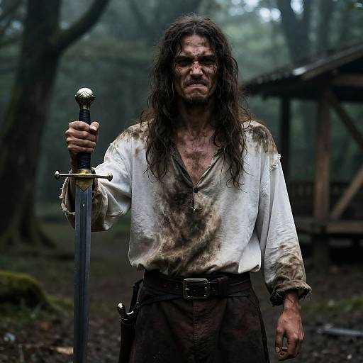 Grim Warrior in a Misty Forest