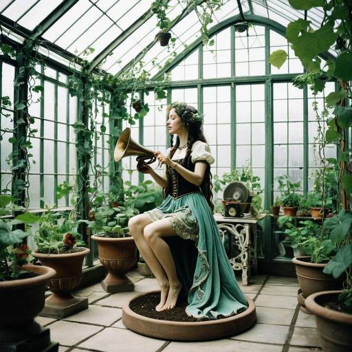 Vine Maiden in Glass Greenhouse with Gramophone