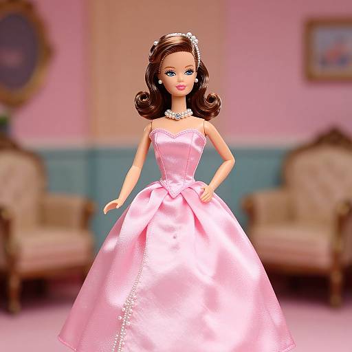 Photorealistic CGI of a Barbie doll with brown hair, wearing a pink satin ball gown, standing in a pastel pink room with vintage furniture.