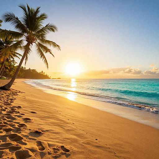 Photograph of a golden sunset on a tropical beach with clear turquoise water, sandy shore, and leaning palm trees.