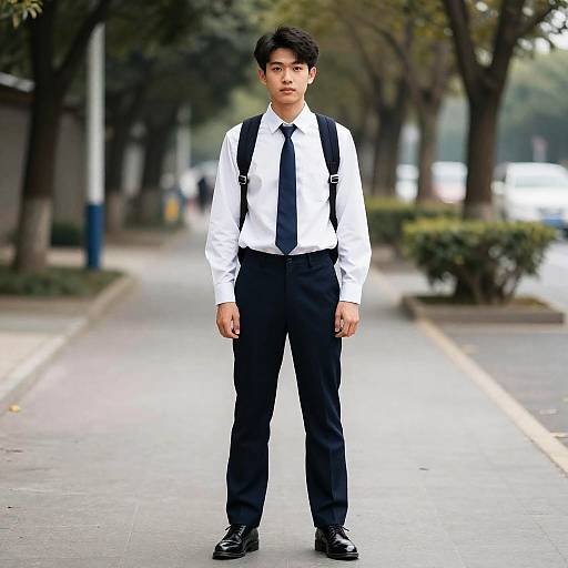 Man in Urchin Costume and School Uniform