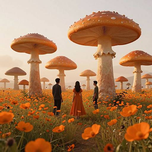 Photograph of three silhouetted figures standing in a field of orange poppies, surrounded by giant, orange-spotted mushrooms under a golden sunset