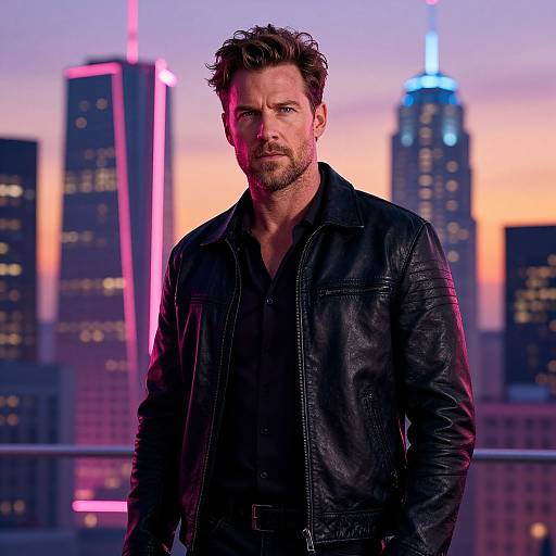 Rugged Man in Futuristic Cityscape