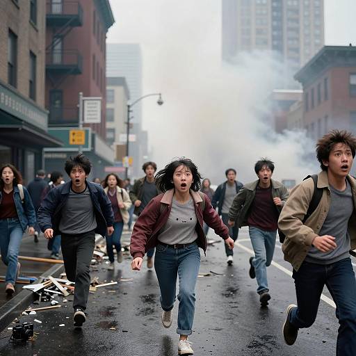 Panicked People Running on Urban Street Amid Chaos